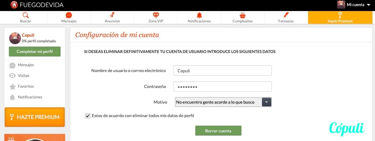 Fuego de vida eliminar cuenta