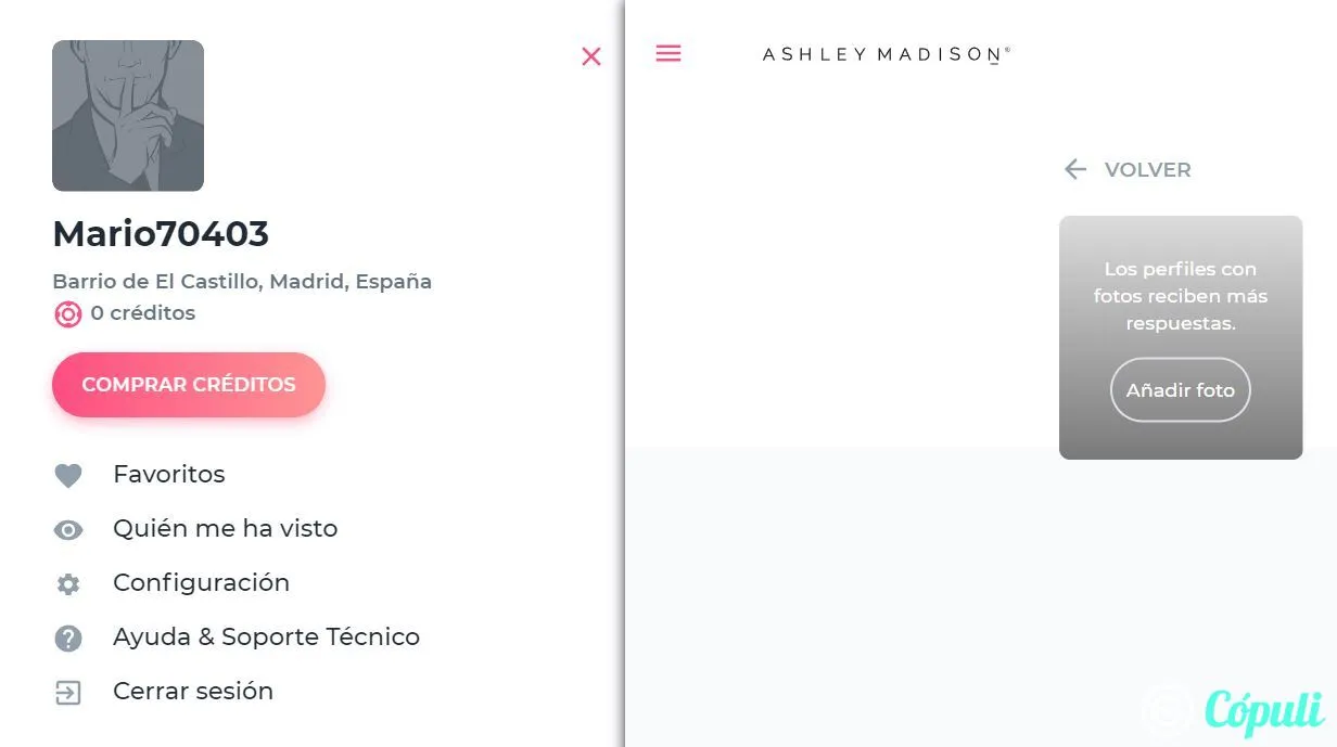 Ashley Madison menú lateral